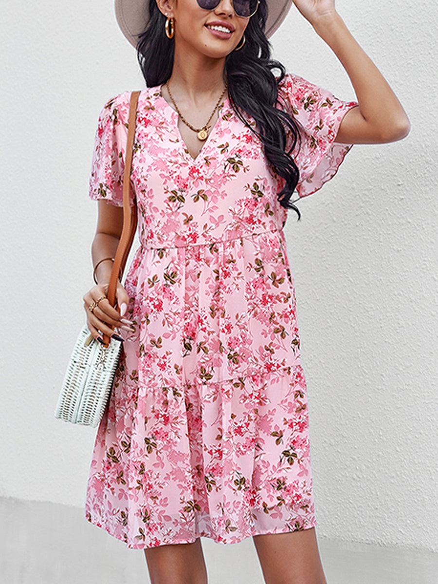 Mini Dresses - Temperament Fashion Print V Neck Mini Dress - MsDressly