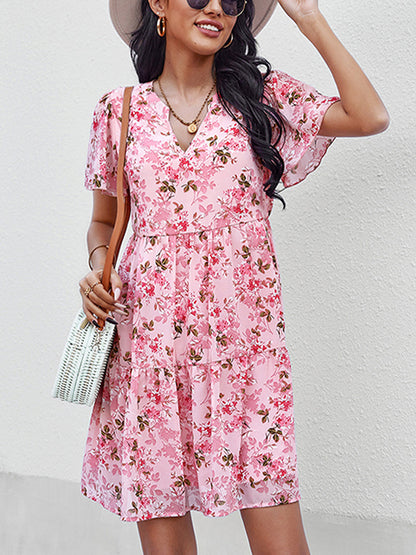 Mini Dresses - Temperament Fashion Print V Neck Mini Dress - MsDressly