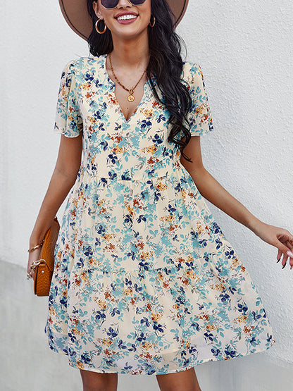 Temperament Fashion Print V Neck Mini Dress