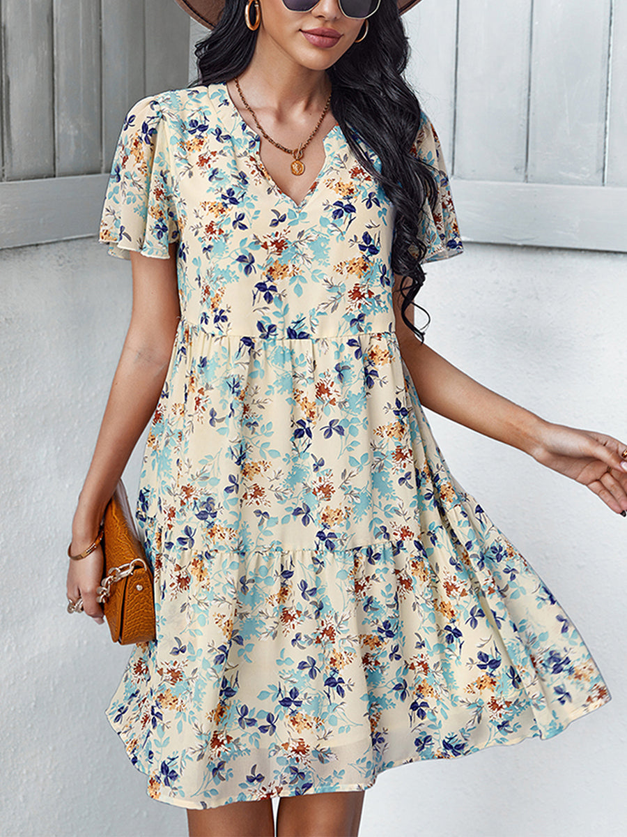 Mini Dresses - Temperament Fashion Print V Neck Mini Dress - MsDressly