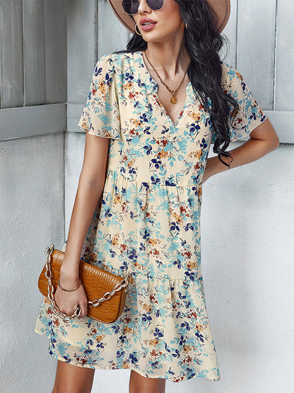 Mini Dresses - Temperament Fashion Print V Neck Mini Dress - MsDressly