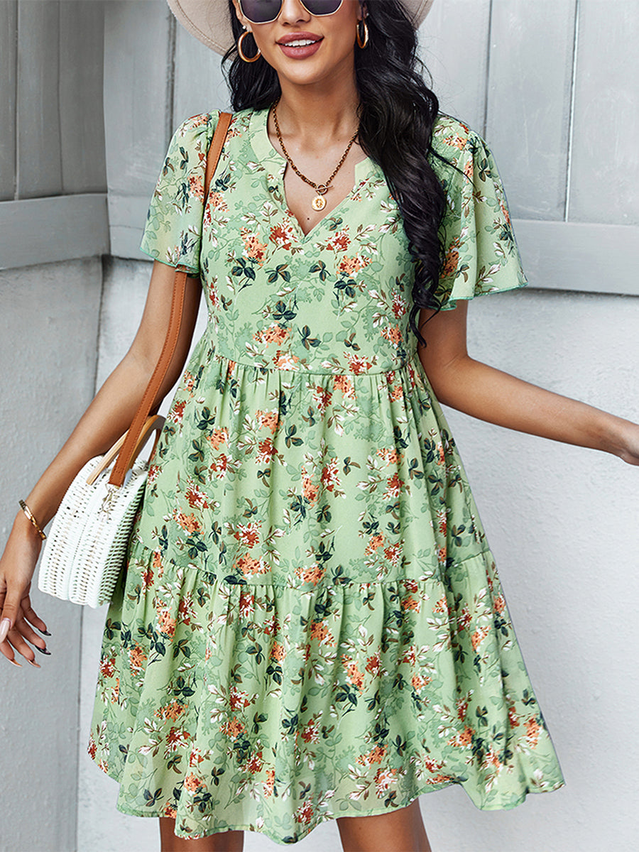 Mini Dresses - Temperament Fashion Print V Neck Mini Dress - MsDressly