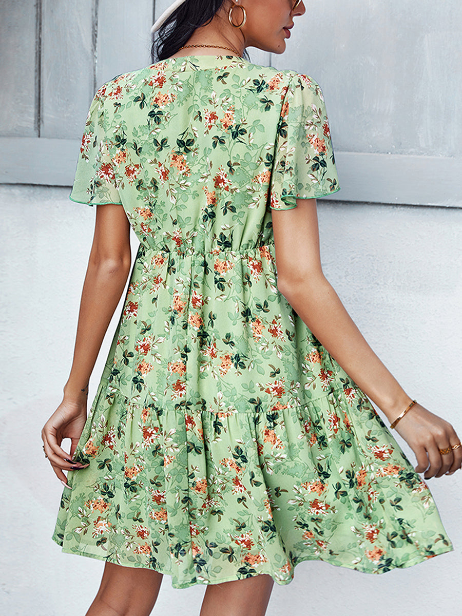 Mini Dresses - Temperament Fashion Print V Neck Mini Dress - MsDressly