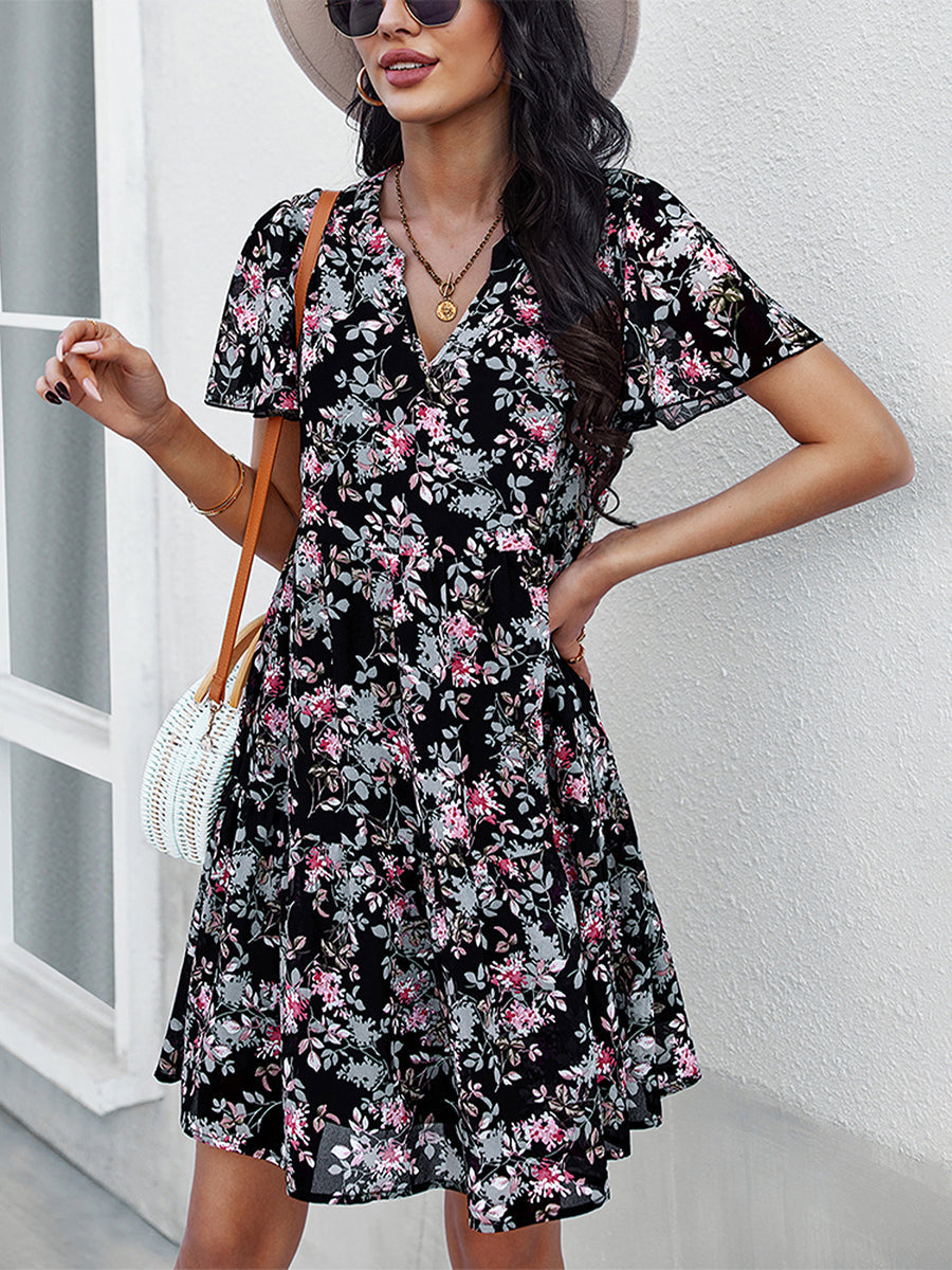 Temperament Fashion Print V Neck Mini Dress
