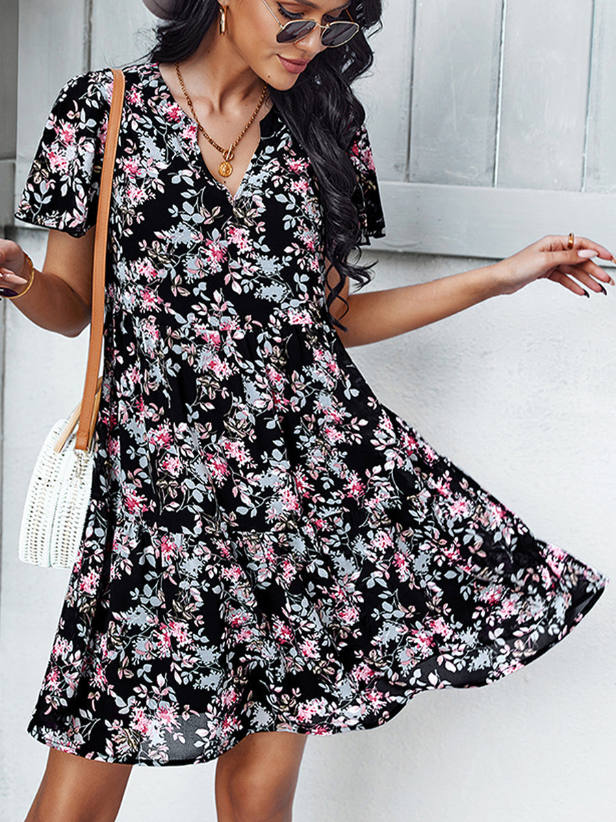 Mini Dresses - Temperament Fashion Print V Neck Mini Dress - MsDressly