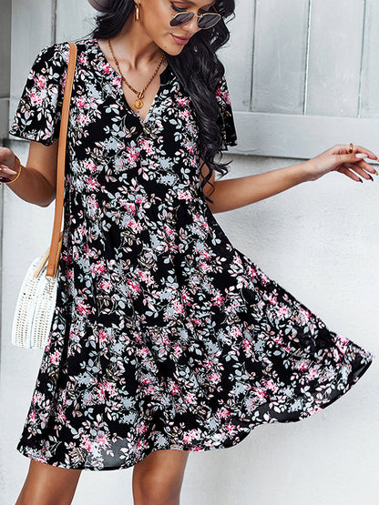 Mini Dresses - Temperament Fashion Print V Neck Mini Dress - MsDressly