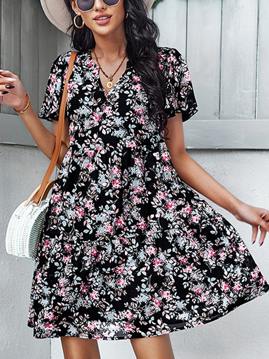 Mini Dresses - Temperament Fashion Print V Neck Mini Dress - MsDressly