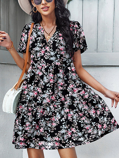 Mini Dresses - Temperament Fashion Print V Neck Mini Dress - MsDressly