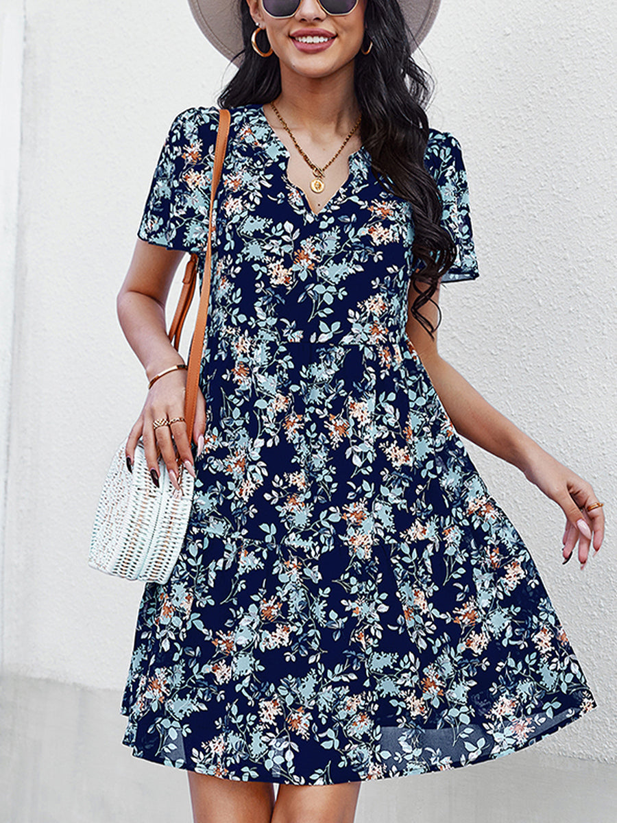 Temperament Fashion Print V Neck Mini Dress