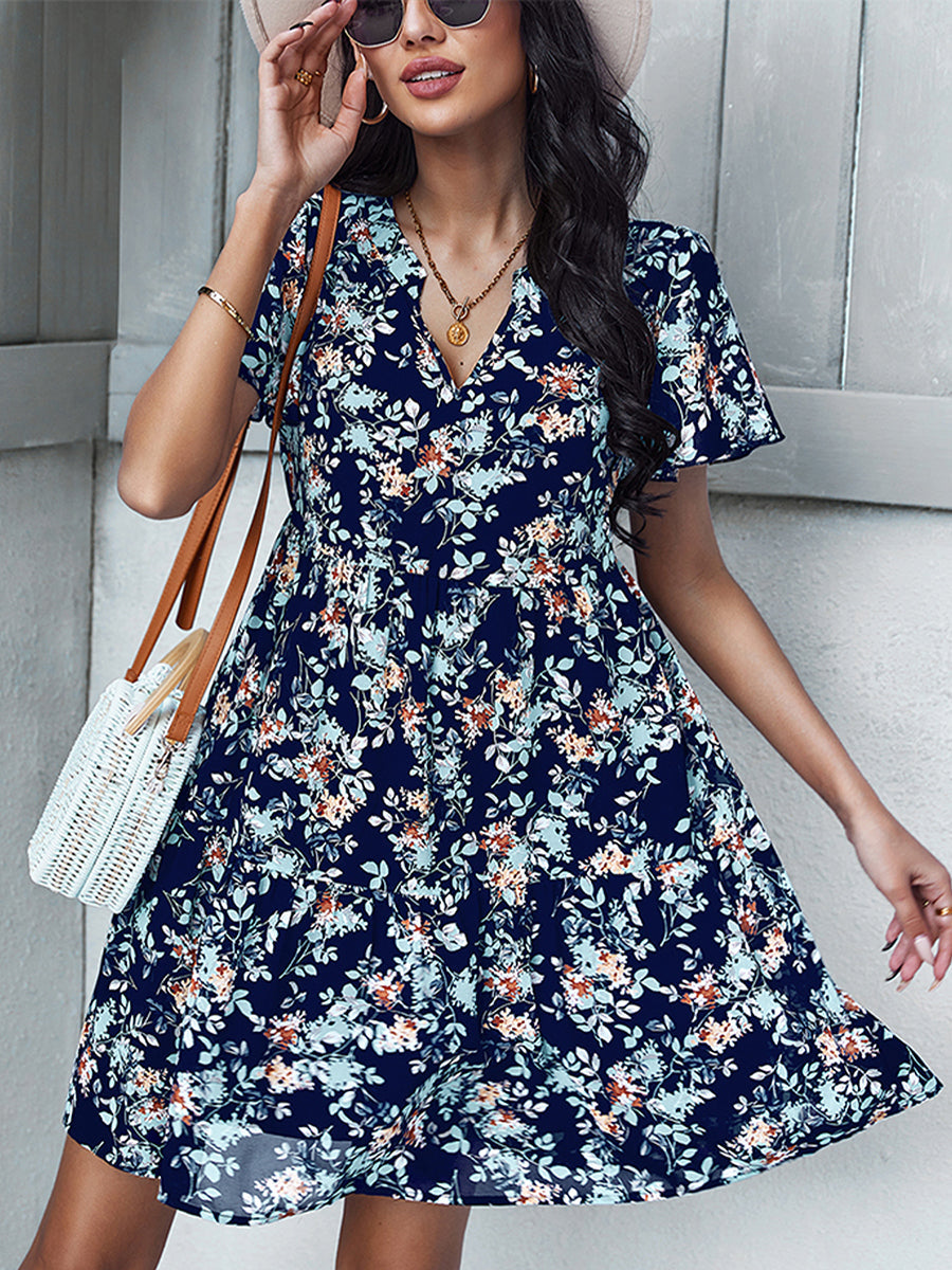 Mini Dresses - Temperament Fashion Print V Neck Mini Dress - MsDressly