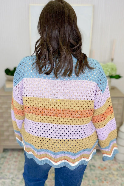 Multicolour Plus Size Striped Pattern Hollow Out Knit Drop Shoulder Sweater