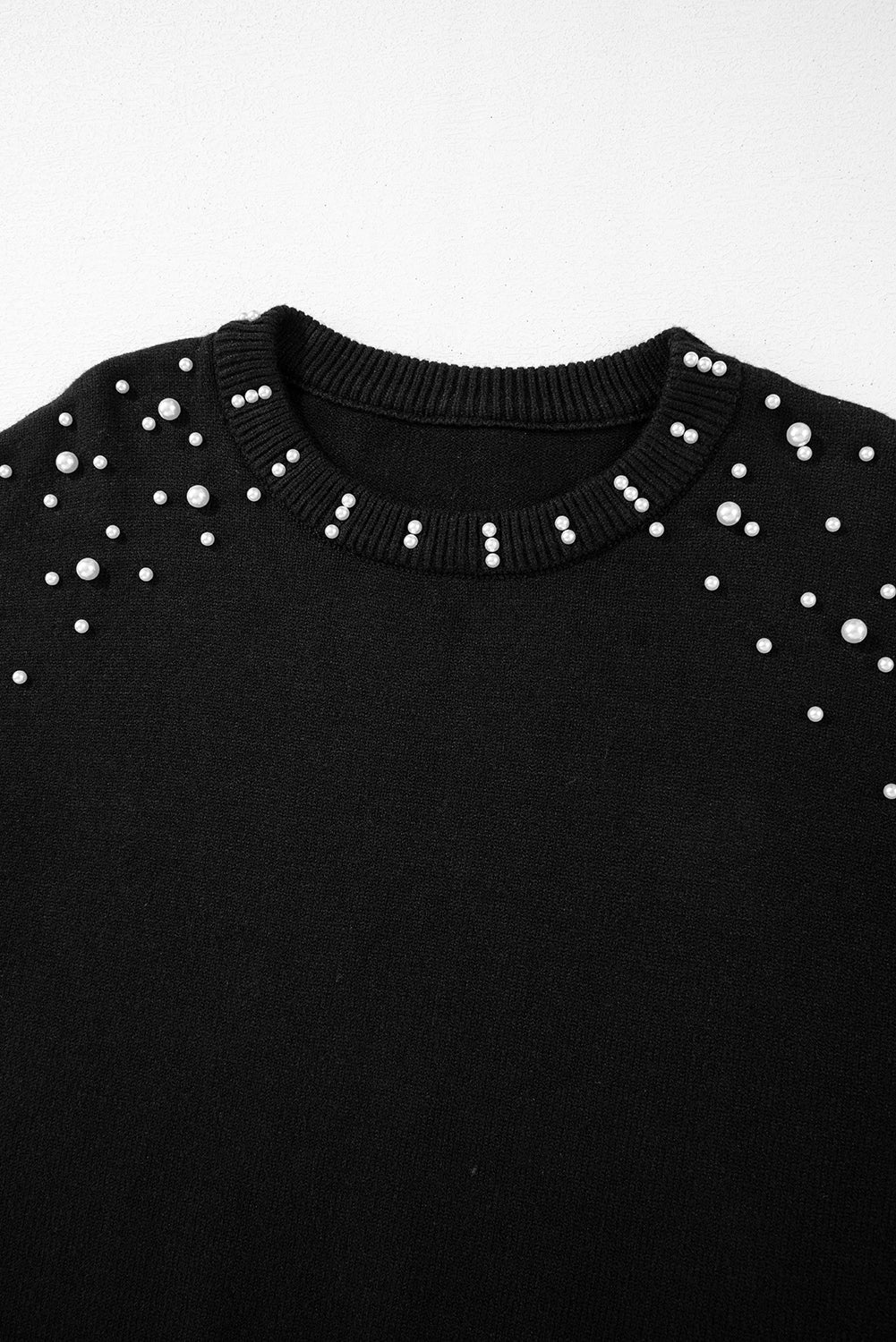 Black Pearled Drop Shoulder Round Neck Sweater