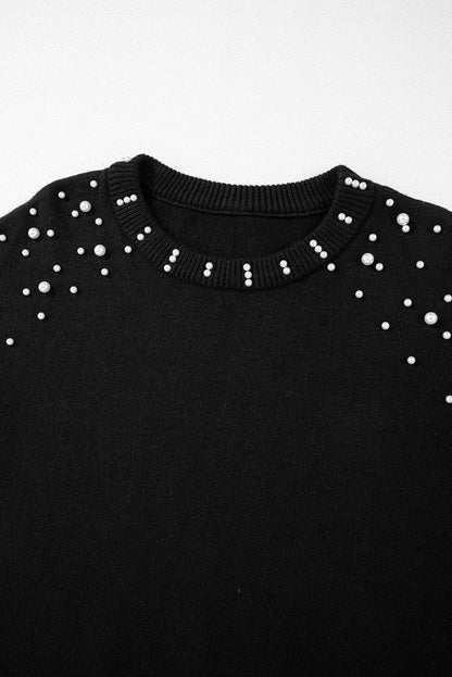 Black Pearled Drop Shoulder Round Neck Sweater