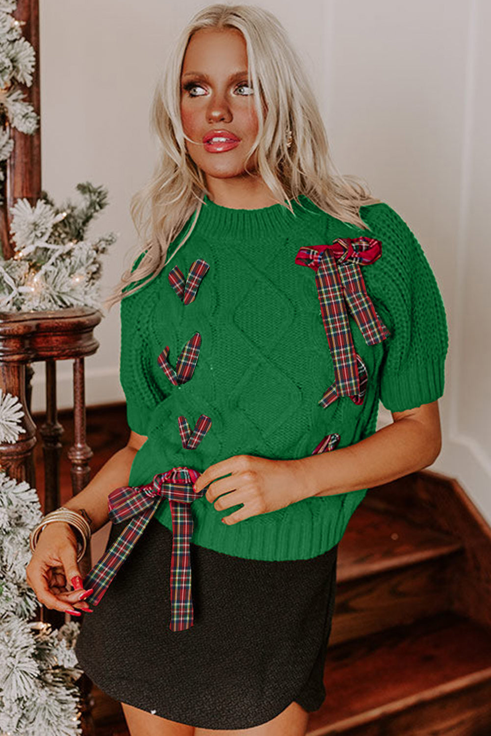 Bright Green Plaid Lace up Detail Christmas Holiday Puff Short Sleeve Sweater