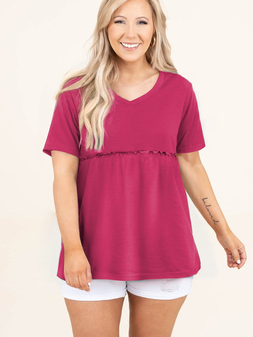 Elegant Rose Red Plus Size V-Neck Babydoll Top