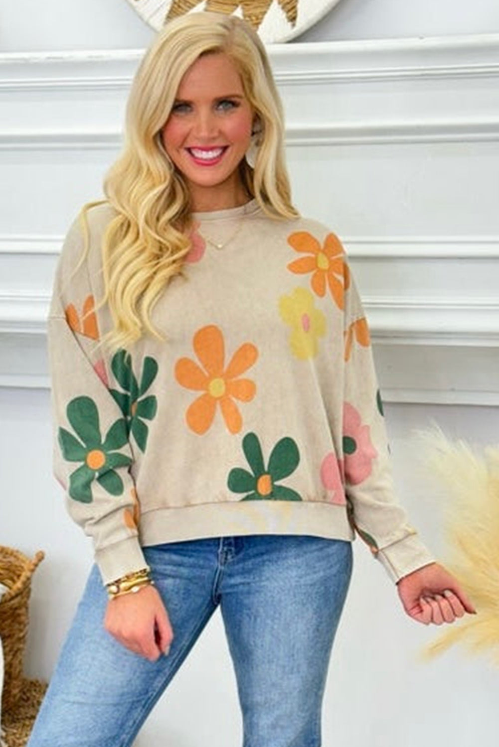 Khaki Big Flower Printed Drop Shoulder Mineral Wash Sweatshirt
