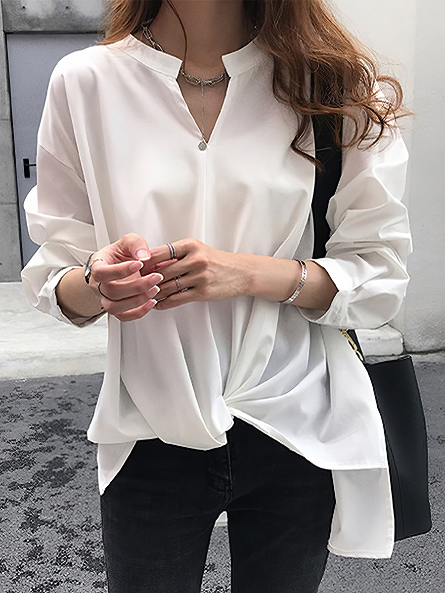 Chiffon Long Sleeve Solid Color V Neck Blouse