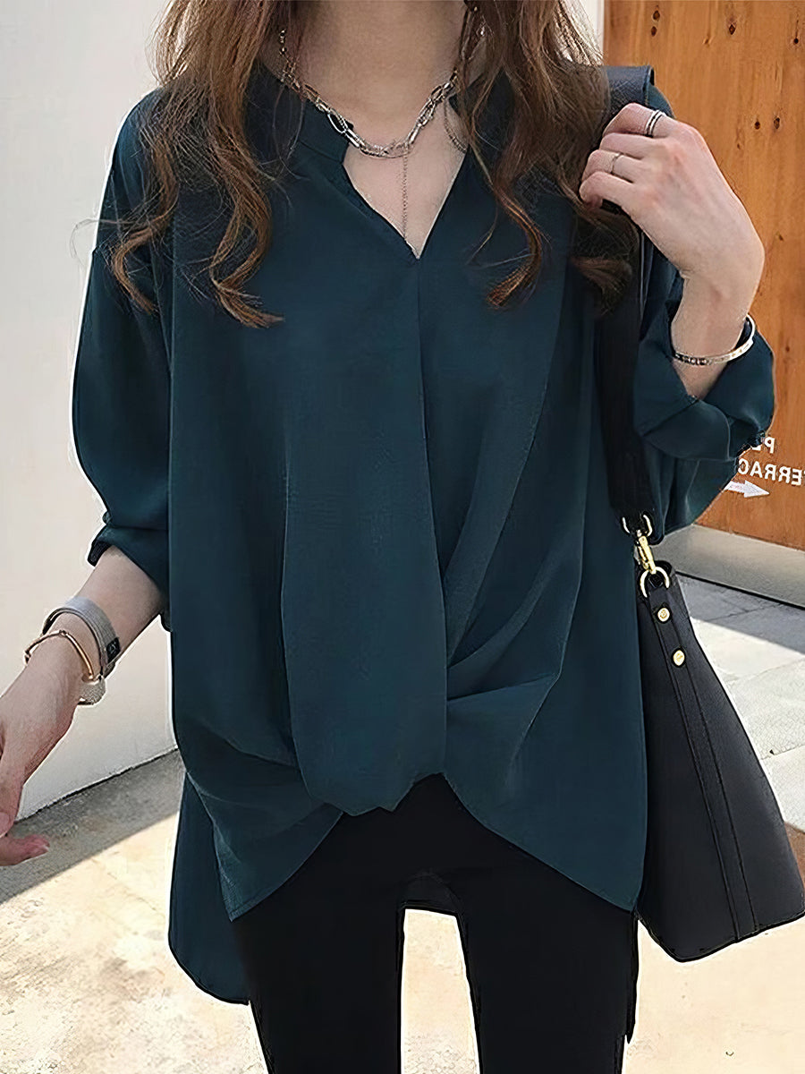 Blouses - Chiffon Long Sleeve Solid Color V Neck Blouse - MsDressly