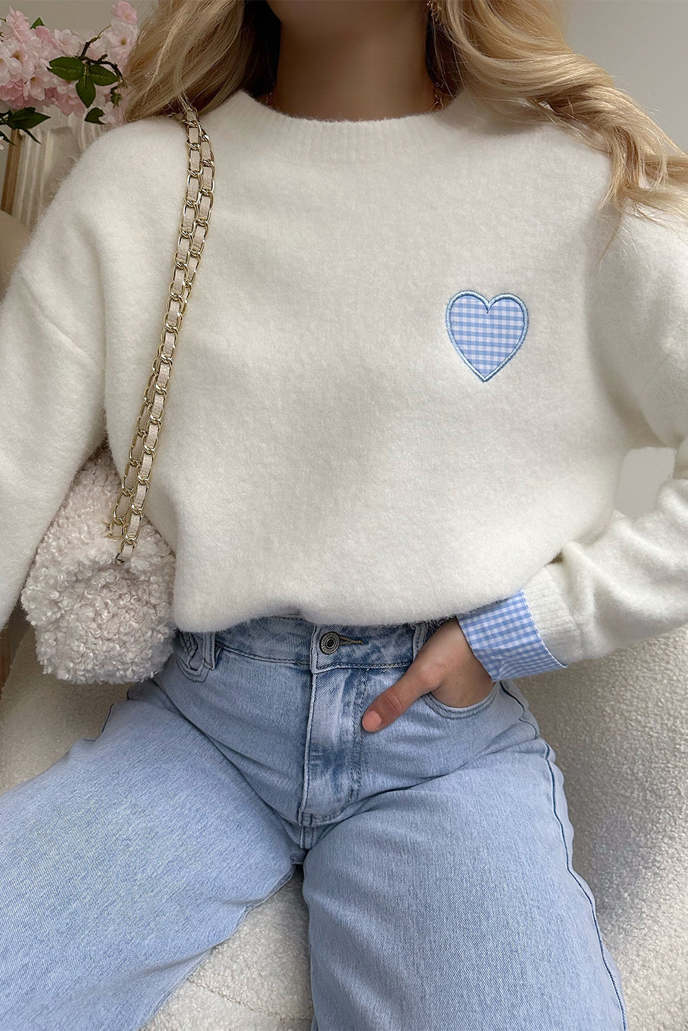 White Plaid Heart Embroidered Cuffed Drop Shoulder Crew Neck Sweater