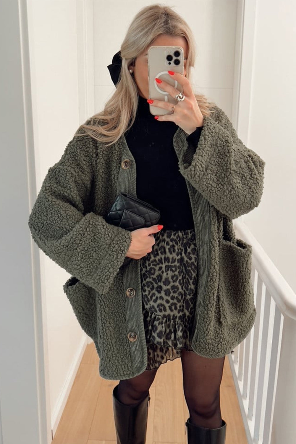 Four Leaf Clover Puffy Plush Corduroy Edge Patchwork Jacket with Big Pockets