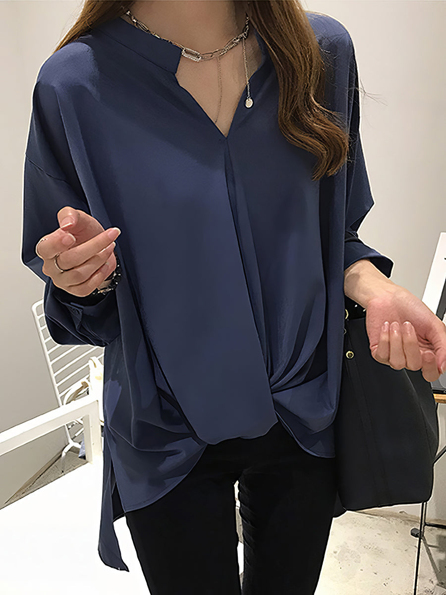 Blouses - Chiffon Long Sleeve Solid Color V Neck Blouse - MsDressly
