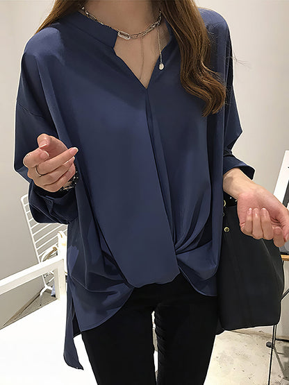 Blouses - Chiffon Long Sleeve Solid Color V Neck Blouse - MsDressly