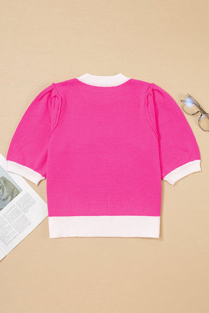 Bright Pink XOXO Tinsel Graphic Valentines Contrast Trim Crew Neck Short Puff Sleeve Sweater Tee