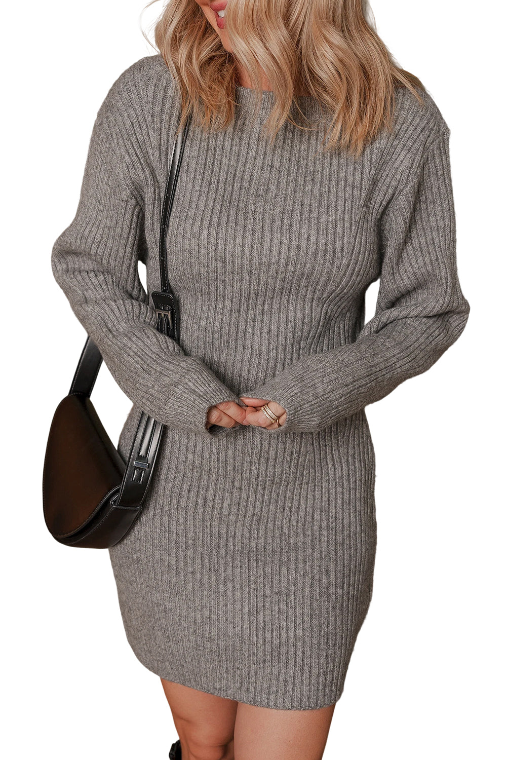 Gray Ribbed Knit Long Sleeve Crewneck Slim Fit Sweater Dress