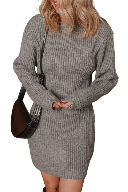Gray Ribbed Knit Long Sleeve Crewneck Slim Fit Sweater Dress