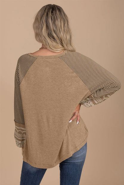 Brown Contrast Print Striped Raglan Long Sleeve Loose Top