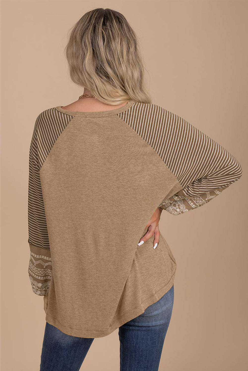 Brown Contrast Print Striped Raglan Long Sleeve Loose Top