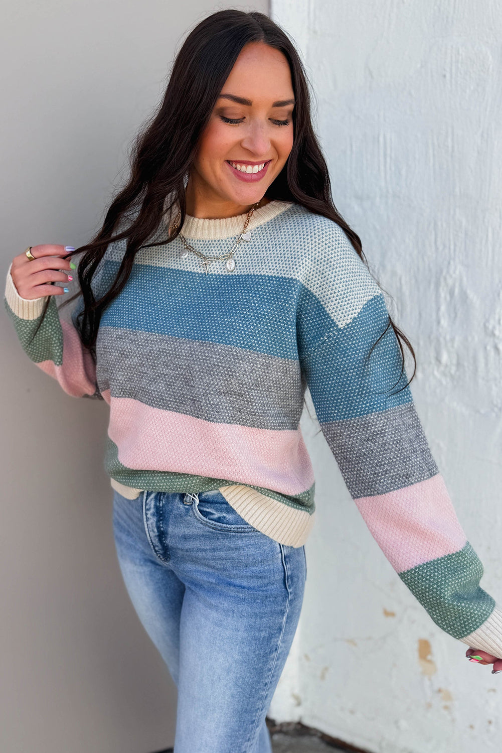 Light Blue Striped Color Block Round Neck Loose Sweater
