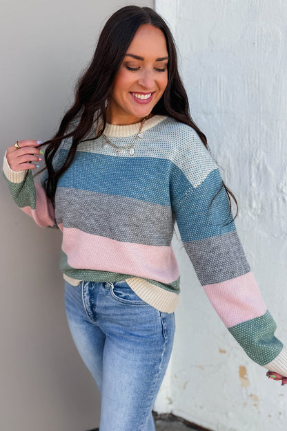 Light Blue Striped Color Block Round Neck Loose Sweater