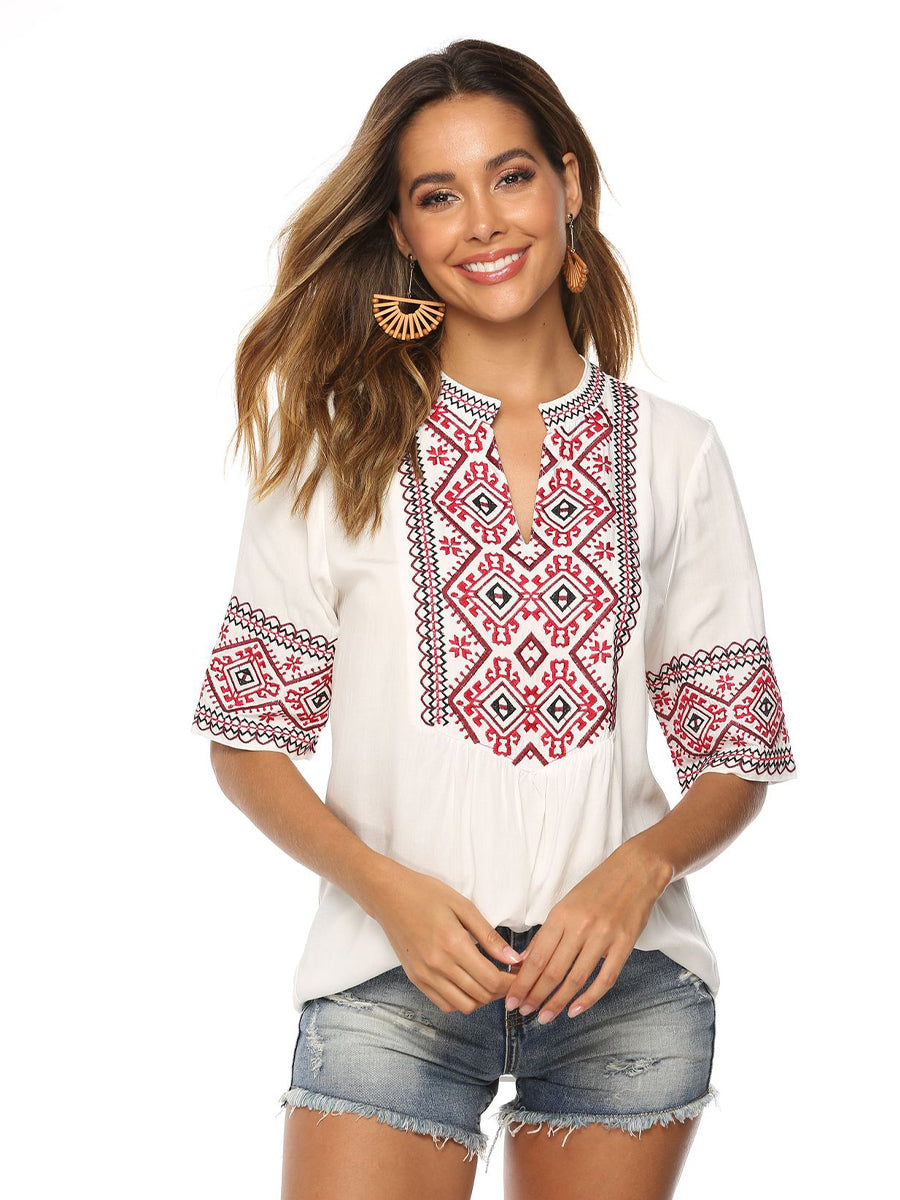 Blouses - Embroidery Short Sleeve V Neck Fashion Blouse - MsDressly