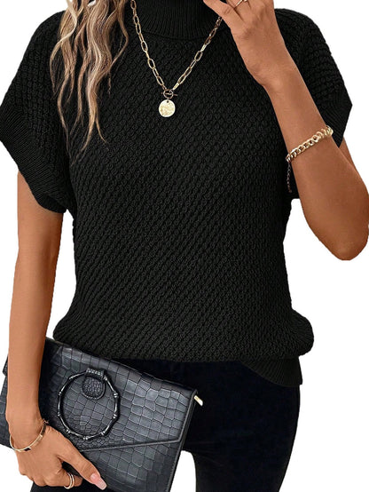 Elegant Black Ribbed Turtleneck Short Sleeve Sweater