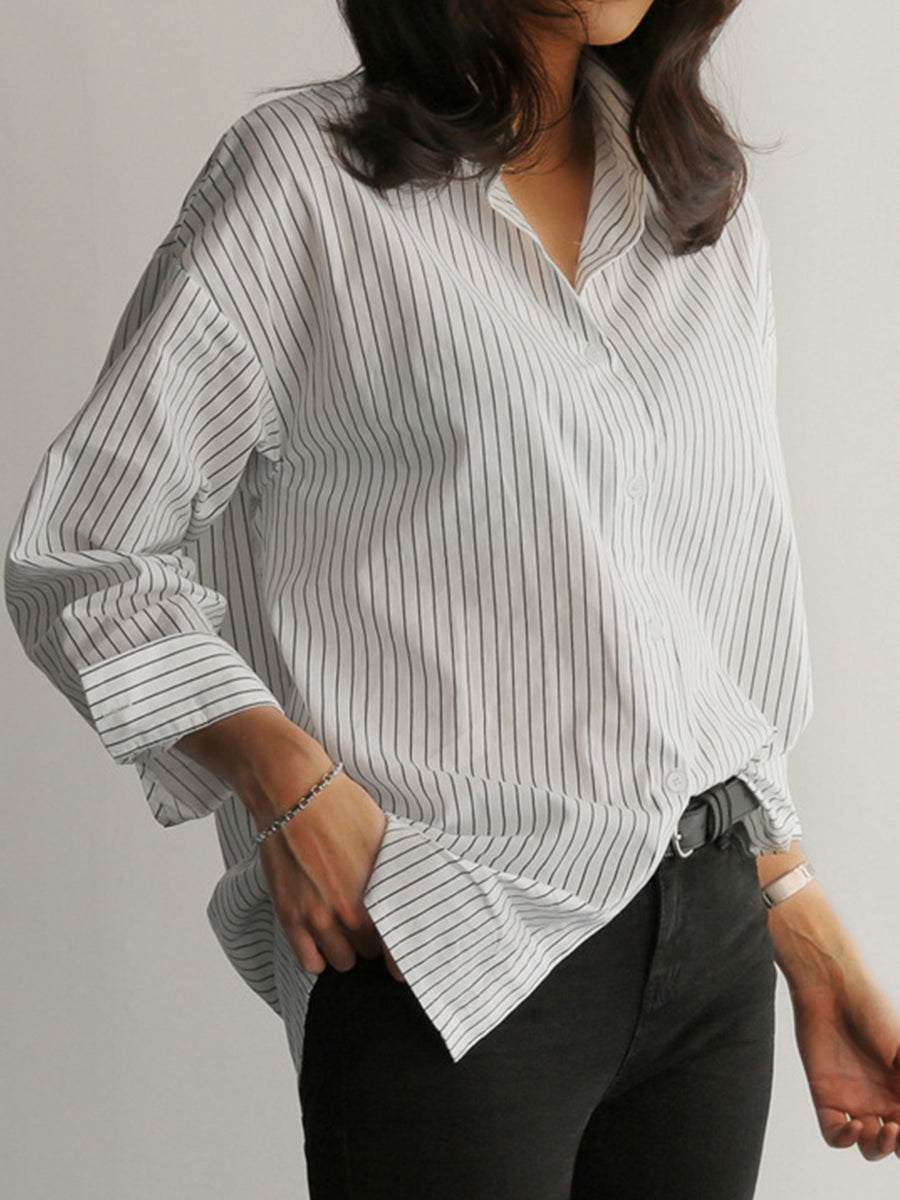 Blouses - Loose Striped Oversized Long Sleeve Blouse - MsDressly