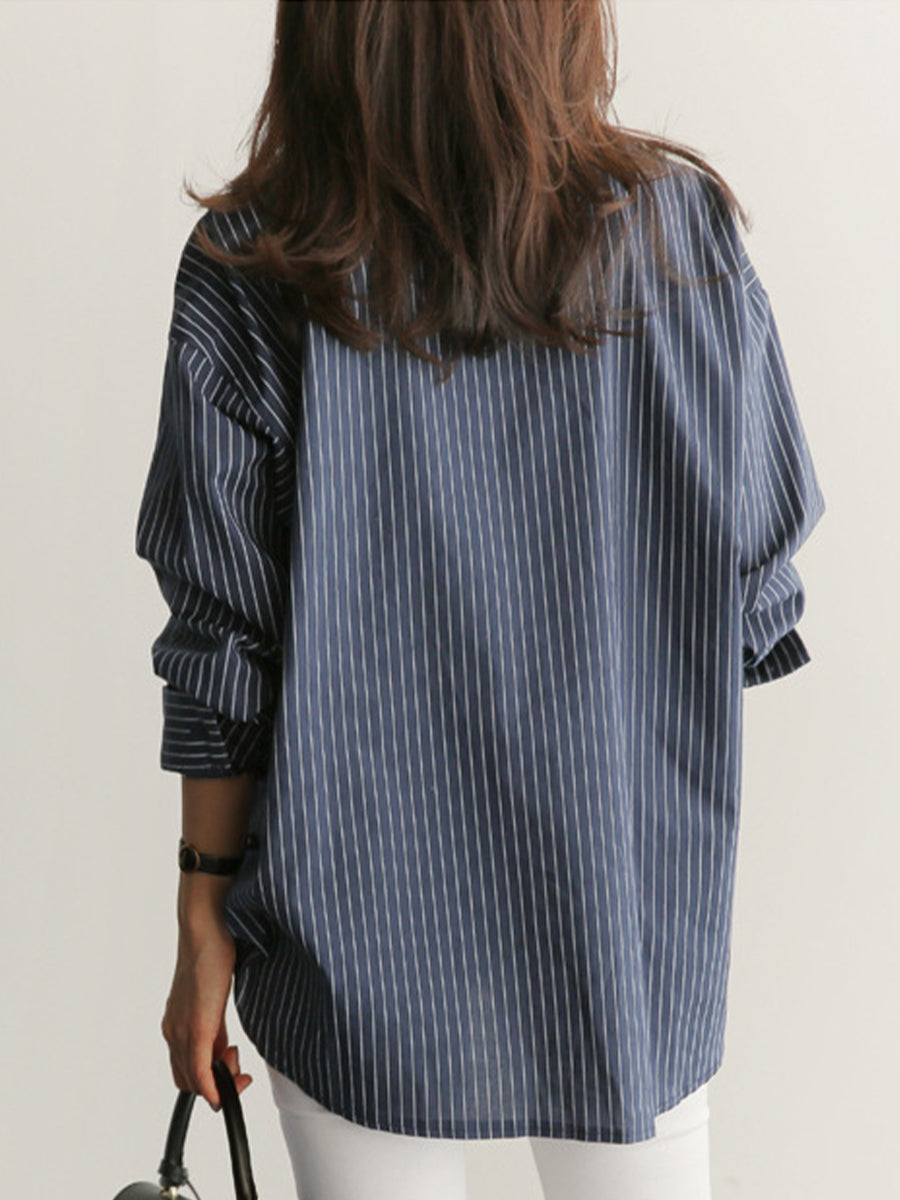 Blouses - Loose Striped Oversized Long Sleeve Blouse - MsDressly