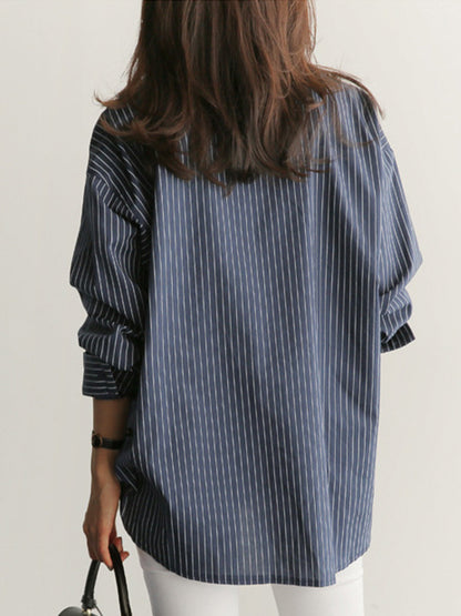 Blouses - Loose Striped Oversized Long Sleeve Blouse - MsDressly