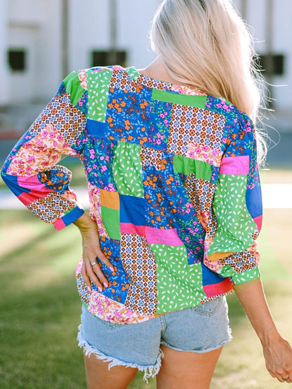 Floral Patchwork Print Button-Up Blouse