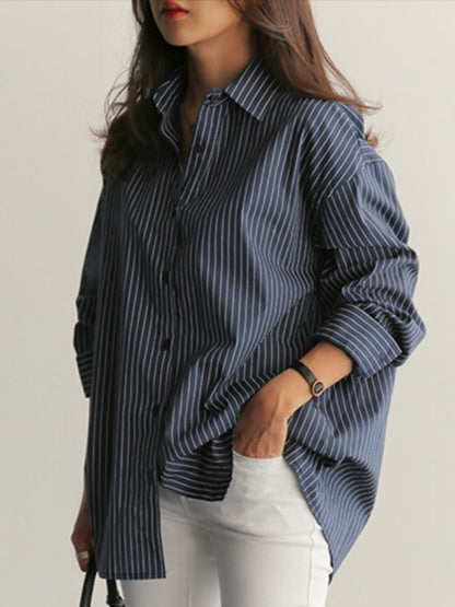 Blouses - Loose Striped Oversized Long Sleeve Blouse - MsDressly