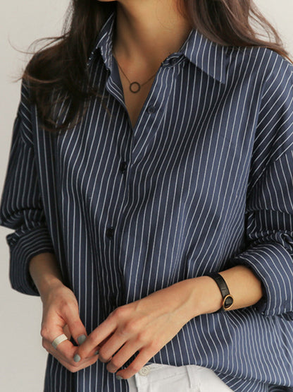 Blouses - Loose Striped Oversized Long Sleeve Blouse - MsDressly