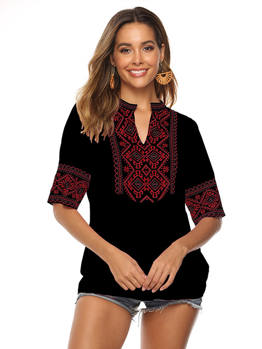 Blouses - Embroidery Short Sleeve V Neck Fashion Blouse - MsDressly