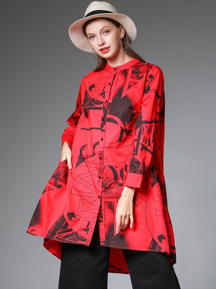 Plus Blouses - Size Curve Blouses Stand Collar Fashion Printed Long Sleeve Blouse - MsDressly