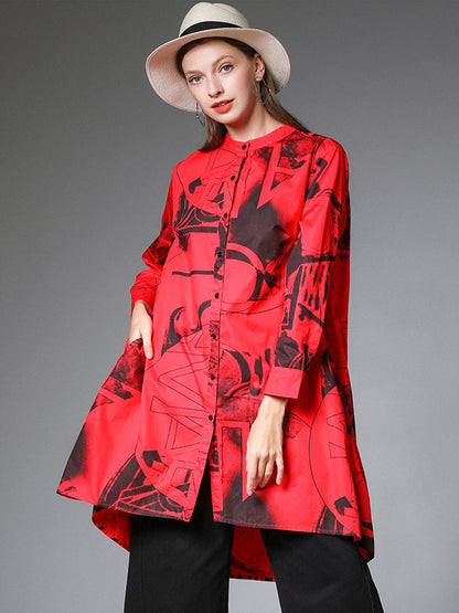 Plus Blouses - Size Curve Blouses Stand Collar Fashion Printed Long Sleeve Blouse - MsDressly