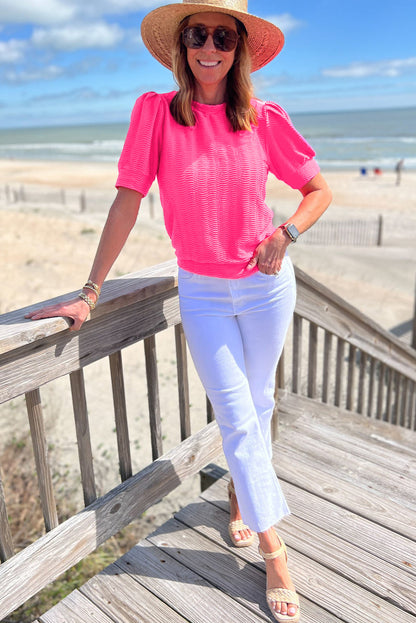 Strawberry Pink Solid Color Textured Puff Sleeve T Shirt