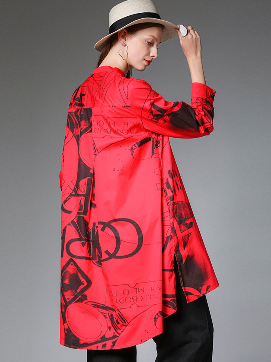 Plus Blouses - Size Curve Blouses Stand Collar Fashion Printed Long Sleeve Blouse - MsDressly