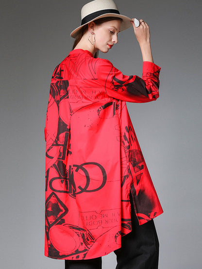 Plus Blouses - Size Curve Blouses Stand Collar Fashion Printed Long Sleeve Blouse - MsDressly