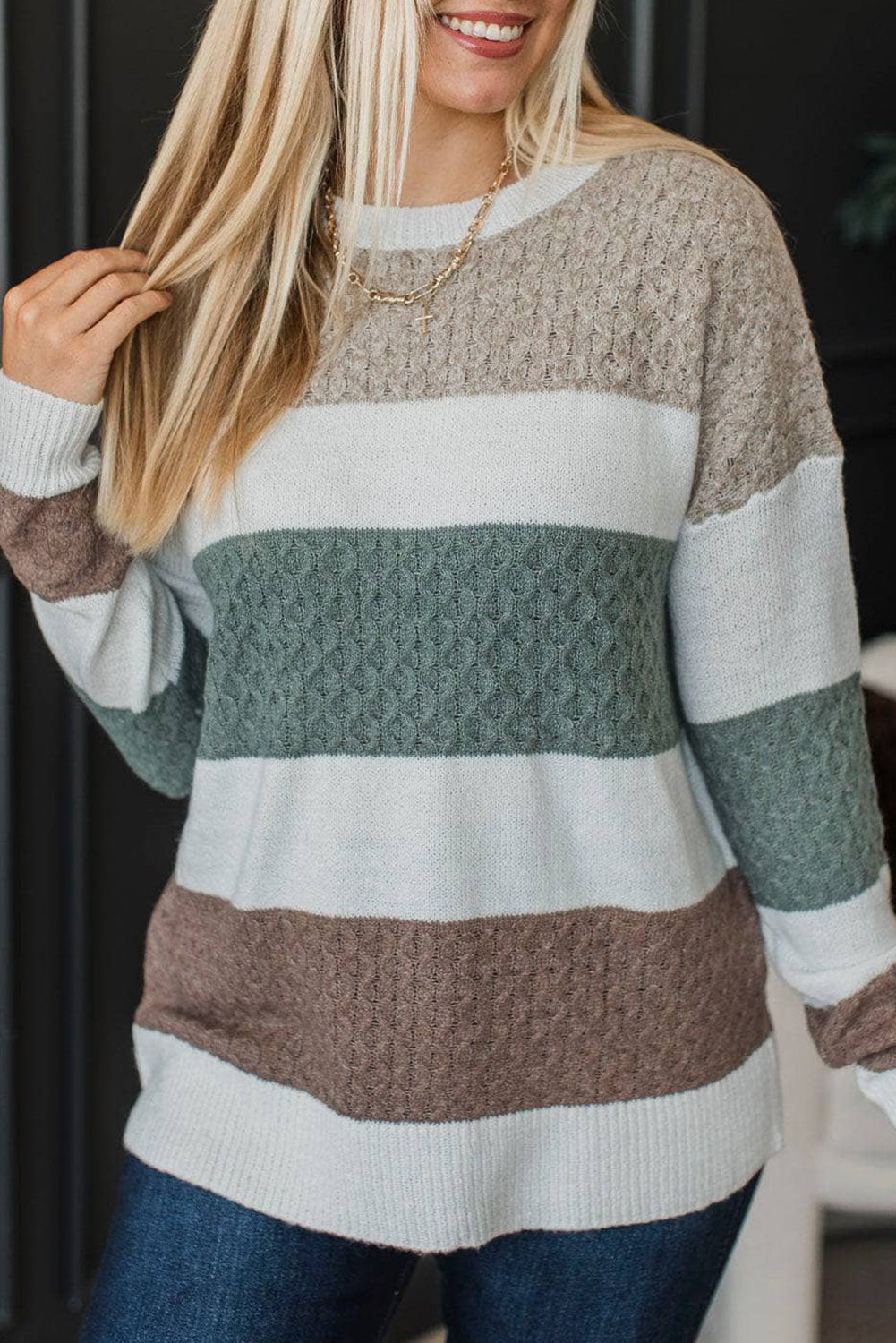 Green Mixed Texture Knit Striped Color Block Loose Sweater