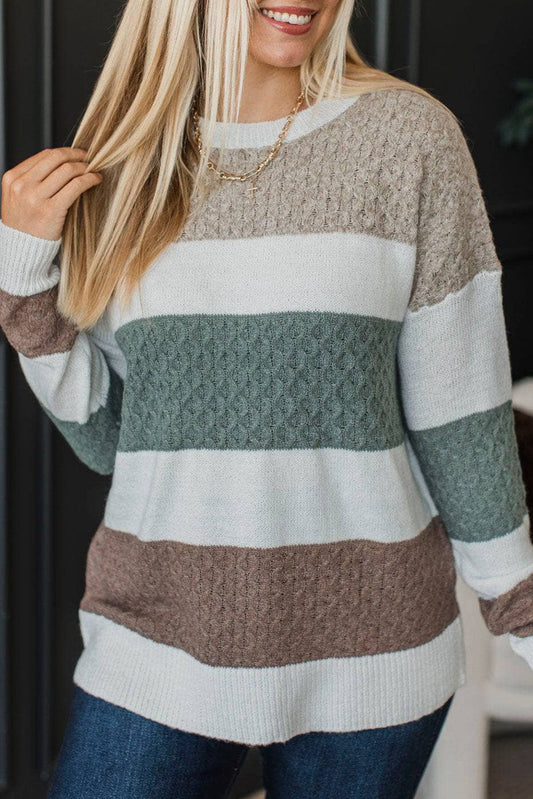 Green Mixed Texture Knit Striped Color Block Loose Sweater