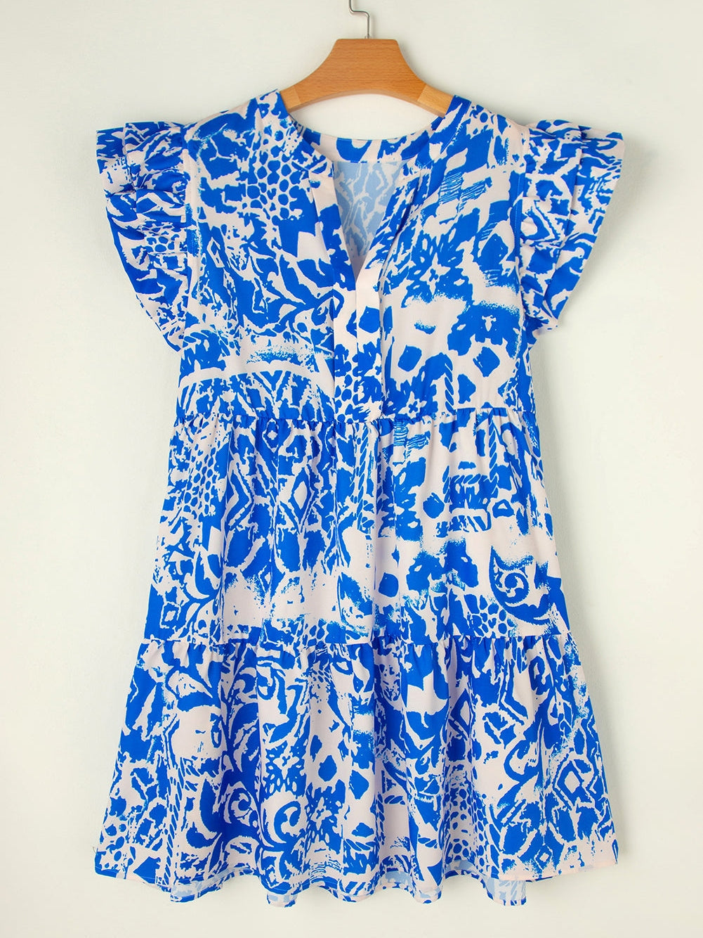 Elegant White Floral Printed V-Neck Ruffle Sleeve Mini Dress